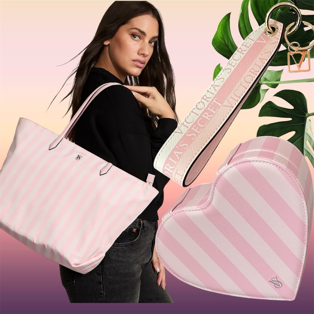 New Victoria’s Secret iconic stripe large tote and Heart Jewelry Box bundle